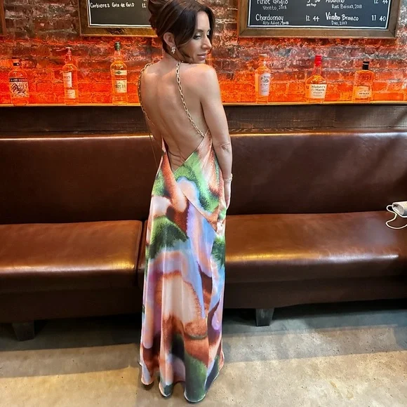 Printed colorful gown with fake gold chain straps size XS worn once - Picture 2 of 3